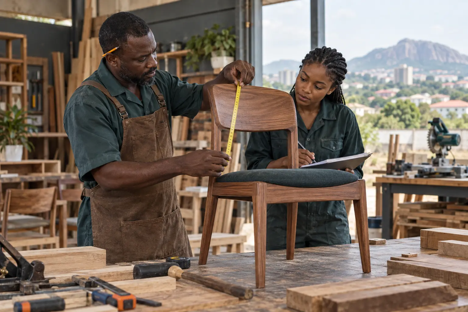 Nigerian furniture artisans reviewing measurements in their workshop