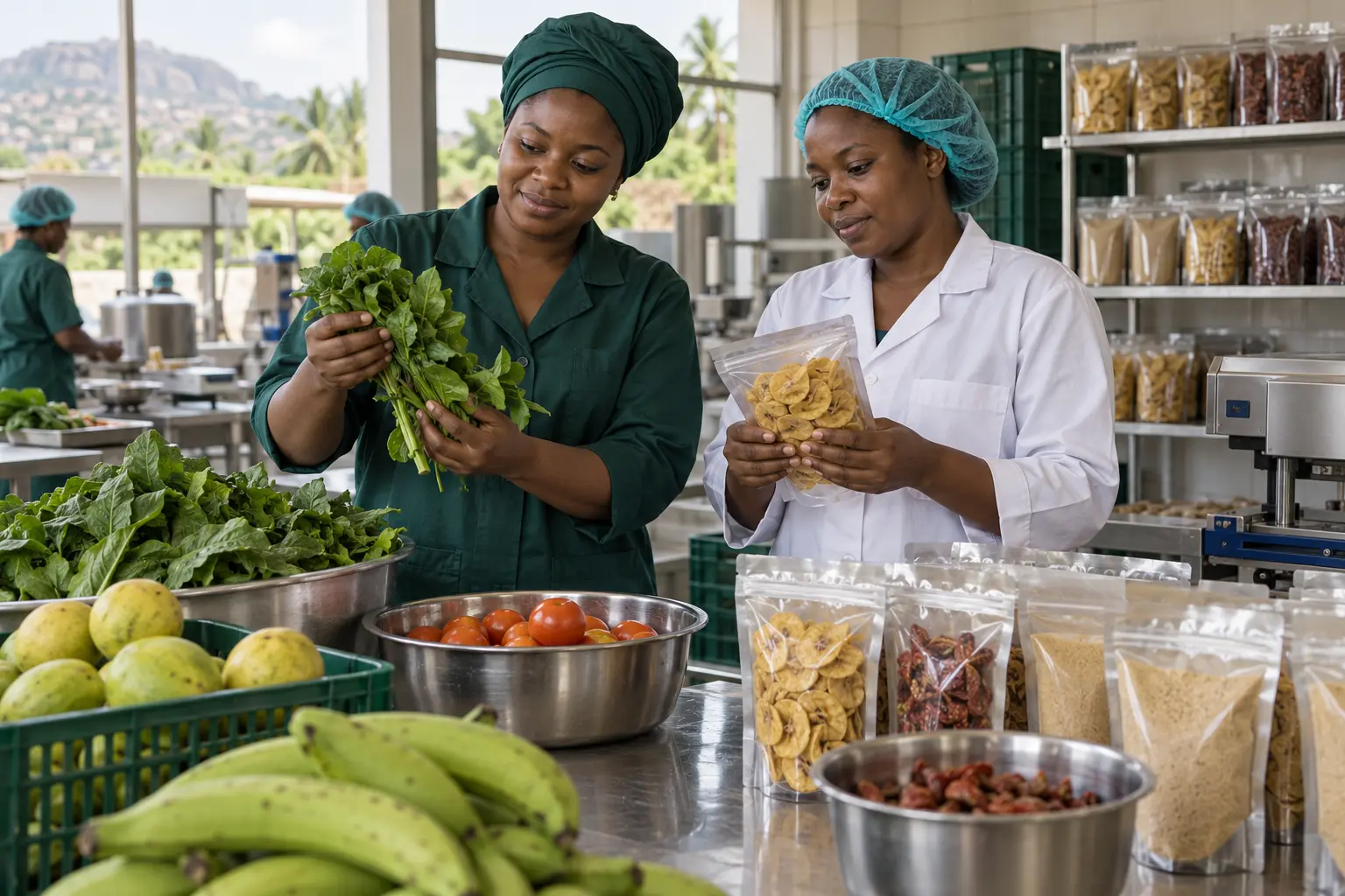 Nigerian food-processing entrepreneurs reviewing produce and packaged goods